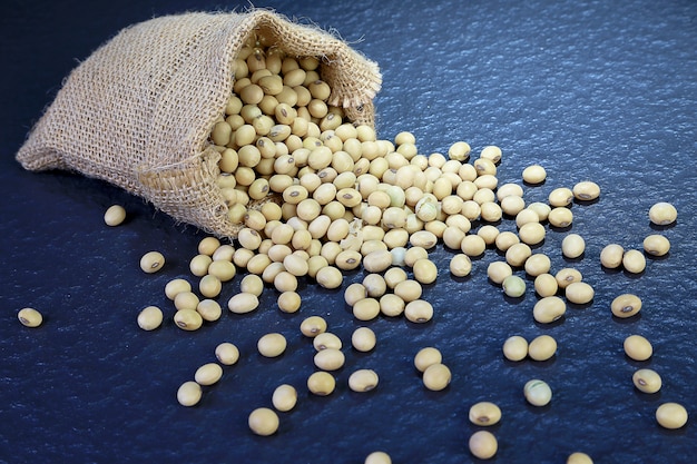 Foto de primer plano de soja cruda o soja en saco en la mesa negra. Comidas y bebidas