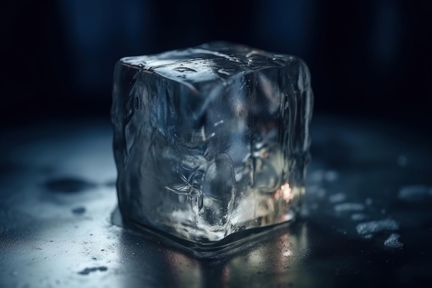 Foto de primer plano de un solo cubo de hielo con una apariencia transparente y un fondo oscuro