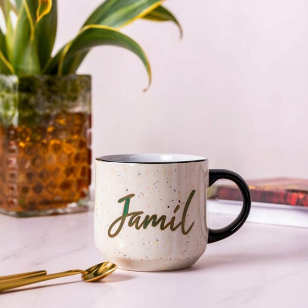 Foto de primer plano de una taza con textos en una manta