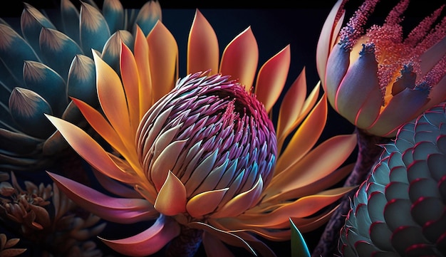 Foto primer plano textural brillante fondo de flores exóticas Imagen generada por AI