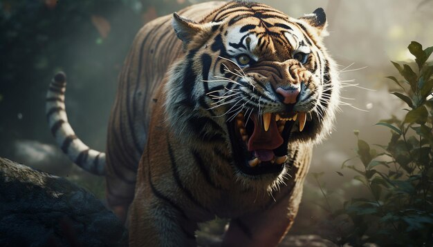 Foto en primer plano de un tigre de Sumatra con la boca abierta y gruñendo