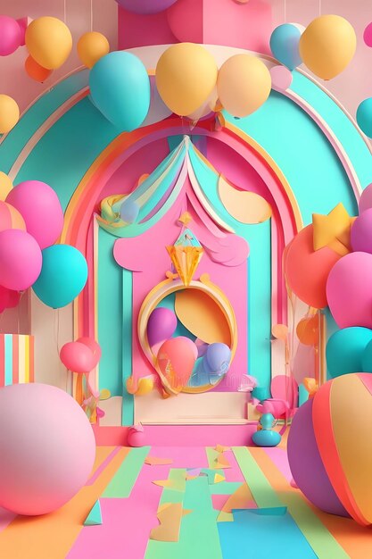 una foto de una princesa en una habitación rosa con globos y una corona.