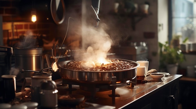 Una foto de un proceso de tostado de café en acción.