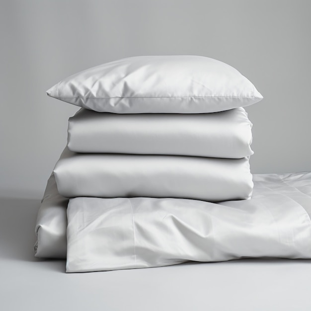 foto del producto de un conjunto de ropa de cama plegada y almohadas de fondo blanco