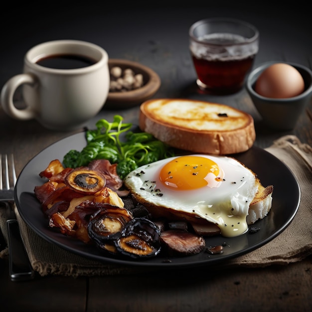 Una foto de producto de huevos fritos y tocino y croquetas de patata y morcilla y champiñones y tostadas IA generativa