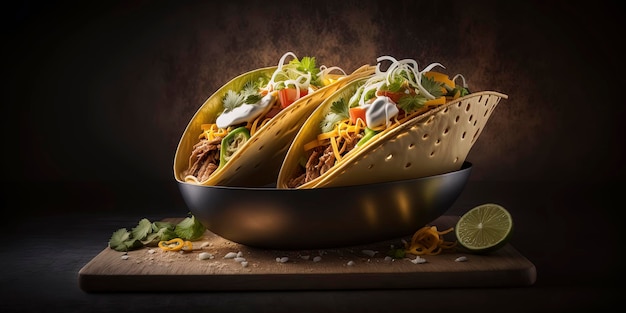 Foto del producto de los tacos mexicanos más deliciosos en el fondo del restaurante de fondo oscuro