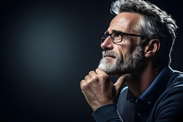 Foto profesional de un hombre guapo en postura de pensamiento con cara expresiva y lenguaje corporal