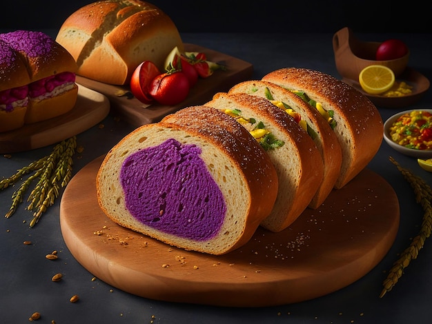 Foto profesional de un pan de trigo perfectamente chapado, con colores vibrantes y atractivos pr.