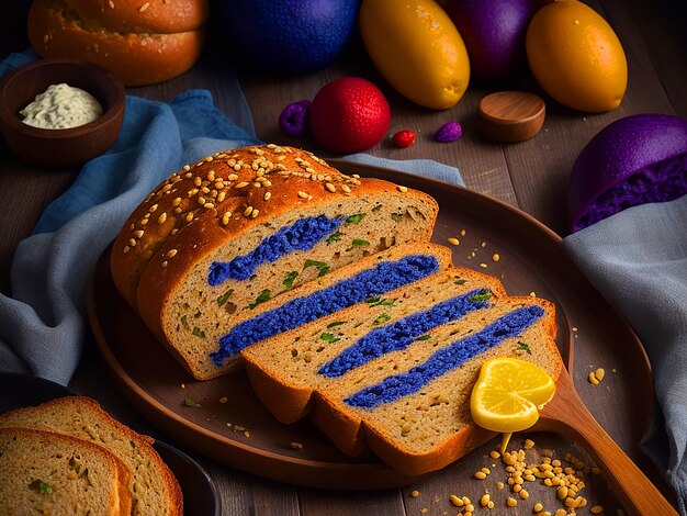 Foto profesional de un pan de trigo perfectamente chapado, con colores vibrantes y atractivos pr.