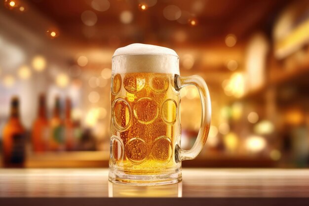 Una foto promocional con un vaso lleno de cerveza de campamento ligera con gotas en los lados en el bar