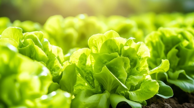 Foto de un próspero jardín con filas de plantas de lechuga verde