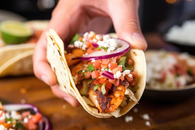 Foto próxima da mão colocando camarão grelhado dentro do taco