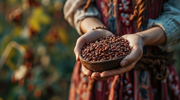 Foto próxima da mão de uma linda mulher segurando grãos de café IA generativa