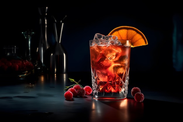 Foto publicitária de um coquetel ou bebida com frutas e gelo Generative Ai