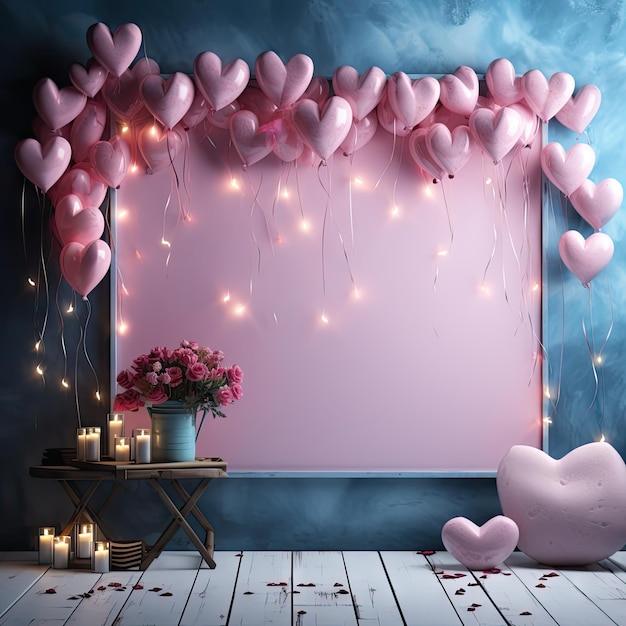Foto publicitária na parede banner publicidade convite estilo coração rosa