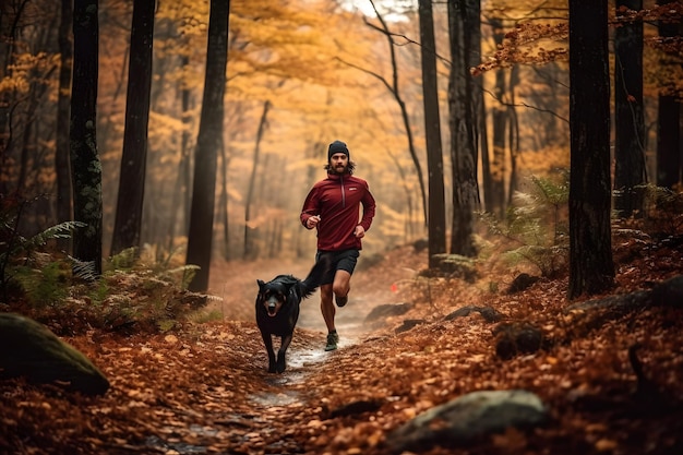 Foto publicitaria de Trail Run Un hombre y su perro corriendo por un sendero forestal durante la temporada de otoño Generative Ai