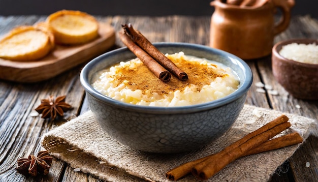 foto de pudín de arroz con canela en un cuenco de arcilla en una mesa de madera