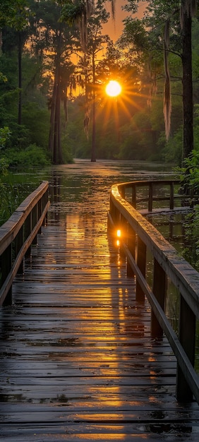 foto de un puente de madera que conduce al agua con una hermosa luz solar detrás