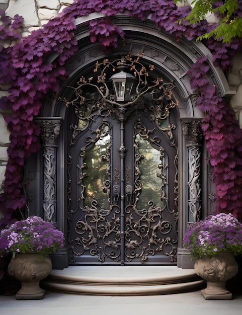 Foto puerta de madera con vidrieras con corona de flores generativa ai