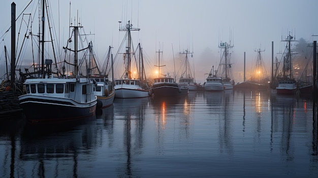 Una foto de un puerto nebuloso con barcos de pesca de colores grises fríos