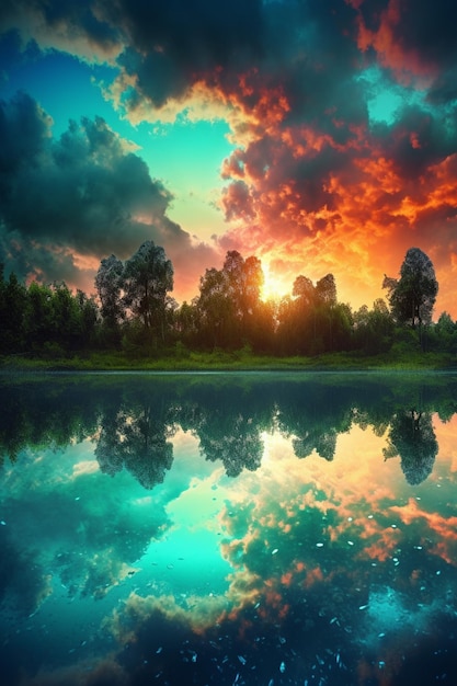 Foto una foto de una puesta de sol con árboles y un cielo con nubes.