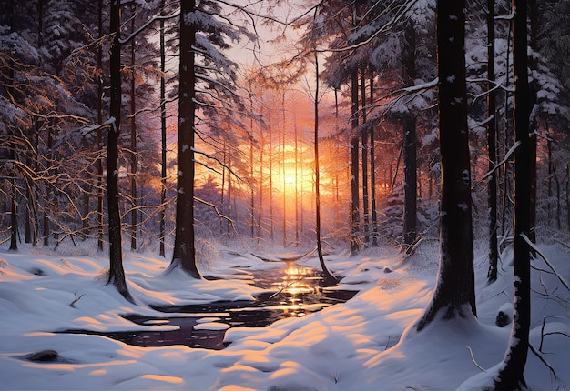 Foto de la puesta de sol de invierno hermoso bosque natural con árboles y nieve