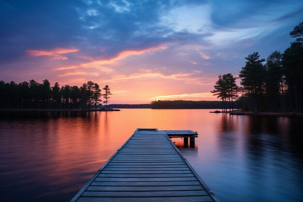 La foto de la puesta de sol en el lago.
