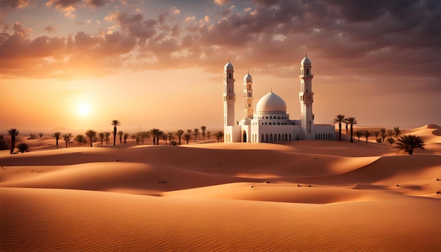 Foto foto puesta de sol sobre el desierto con la mezquita musulmana en primer plano