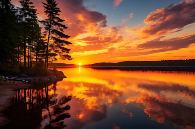 Foto de una puesta de sol vibrante sobre un fondo de naturaleza de un lago tranquilo