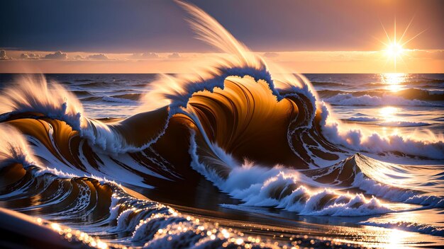 Foto foto de una puesta de sol vibrante sobre una ola que se estrella en el océano
