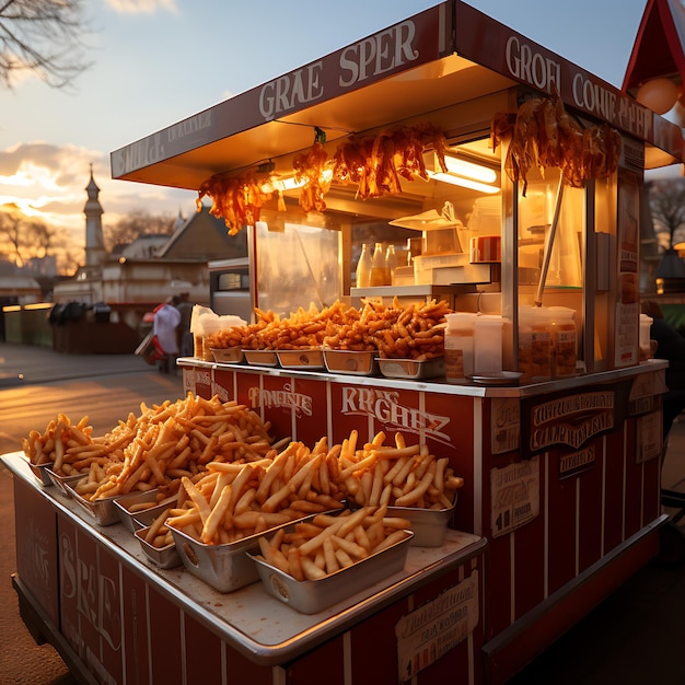 foto de un puesto de papas fritas en un parque de atracciones a la luz del día