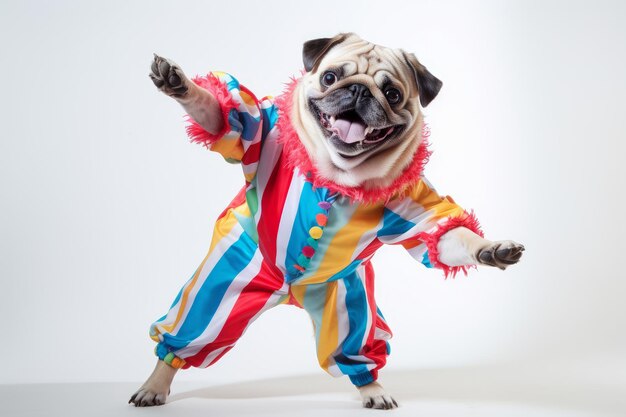 Foto foto de un pug juguetón en un disfraz de payaso capturado contra un fondo blanco limpio ia generativa