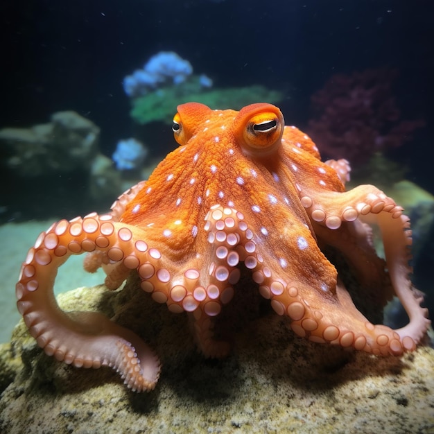 Foto pulpo naranja con ojos naranjas se asienta sobre una roca en un acuario