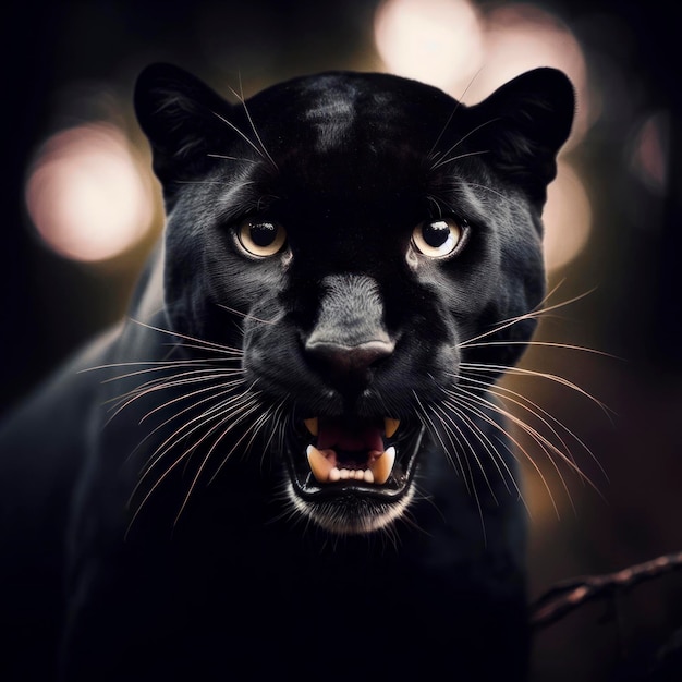 Foto foto de un puma negro realmente enojado en el fondo de la naturaleza oscura bokeh ai generativo