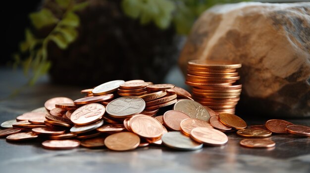 Una foto de un puñado de monedas de cobre con telón de fondo de mármol