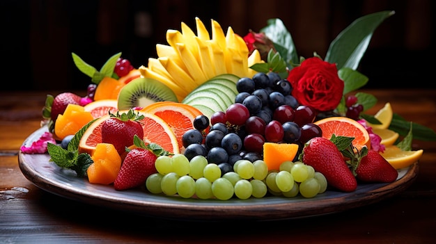 Una foto que captura los colores y las formas vibrantes de un plato lleno de arreglos de frutas variadas.