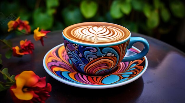 Una foto que captura los colores vibrantes y el arte artístico del latte en la superficie de una taza de café