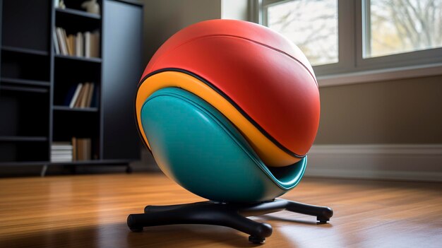 Una foto que captura los colores vibrantes y la comodidad de una silla de rodillas ergonómica o una pelota de equilibrio