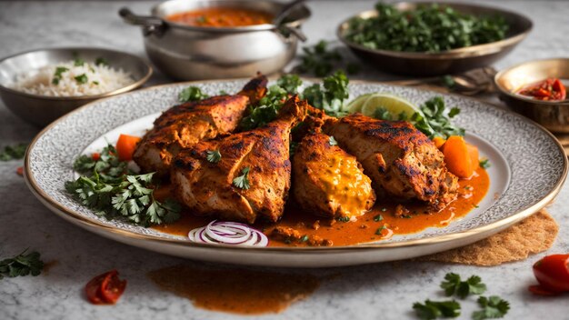 foto que captura la elegancia de la cocina india Muestra el pollo tandoori con especias intrincadas en un