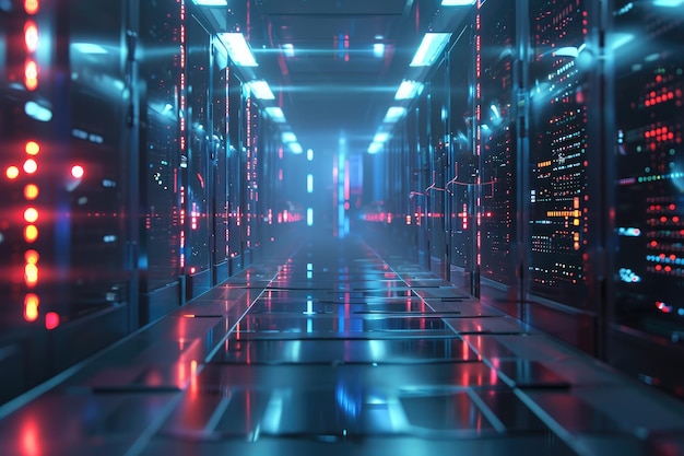 Una foto que captura un largo corredor lleno de numerosas luces brillantes que iluminan el espacio Dibujar un almacenamiento conectado a la red como un centro de datos futurista Generado por IA