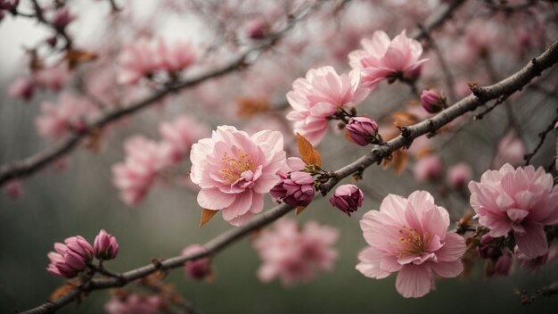 una foto que captura los signos sutiles de la primavera, como los brotes en los árboles, las hojas emergentes o un suave