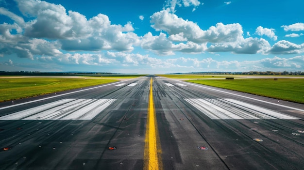 Una foto que captura la vista a lo largo de una pista de aterrizaje del aeropuerto que muestra un