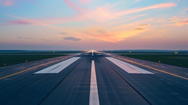 Foto una foto que captura la vista a lo largo de una pista de aterrizaje del aeropuerto que muestra un