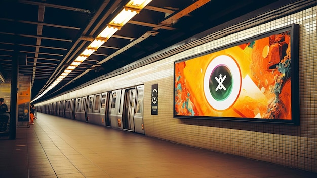 Una foto que muestra un cartel publicitario con temas de Bitcoin y Ethereum en una estación de metro