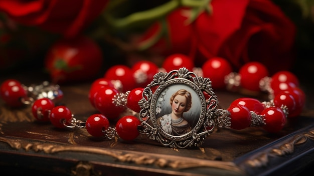 Una foto que muestra un collar de rosario con una imagen de una mujer que simboliza la devoción religiosa