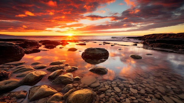 Una foto que muestra los colores cálidos de una puesta de sol en la playa reflejada en la superficie ondulada de una piscina de marea