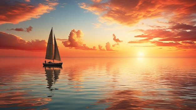 Una foto que muestra la paz de una puesta de sol en la playa mientras un velero se desliza silenciosamente por el agua