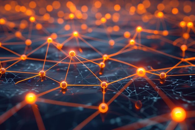 Una foto que muestra una red de puntos naranjas brillantes contra un fondo oscuro Nodos de red de neón brillantes que simbolizan conexiones seguras Generado por IA