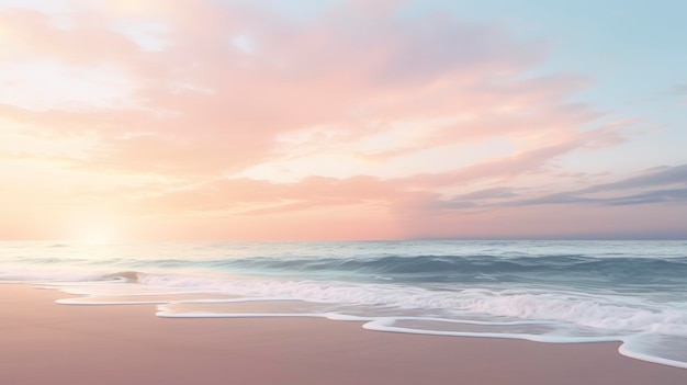 Una foto que muestra los suaves tonos pastel de una puesta de sol en la playa en una noche tranquila