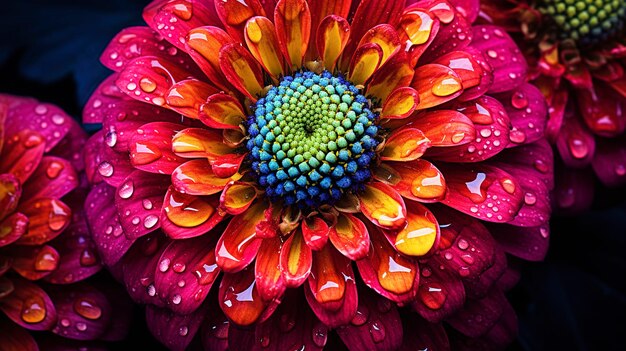 Una foto que muestra las texturas y patrones de una flor de zinnia con sus pétalos de colores.